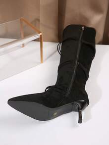 Giày bốt cao đến đầu gối, gót mỏng, mũi nhọn thời trang bằng da lộn, dành cho nữ, mùa thu và đông 2024 - màu đen - Xem 8