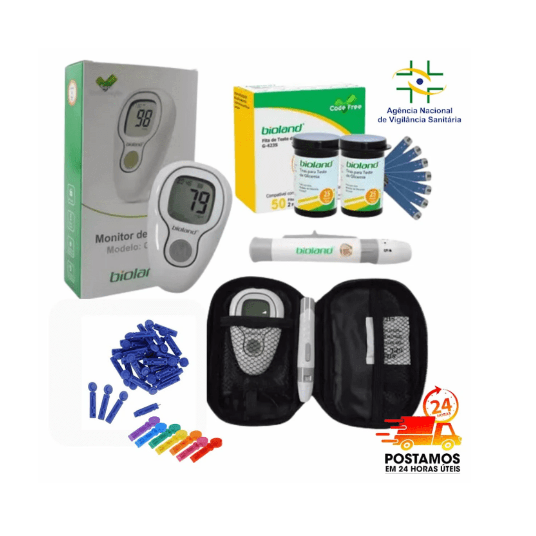 Aparelho Glicemia para Medir Diabetes da Bioland: Kit Completo com 75 Tiras  e 125 Lancetas para Monitoramento