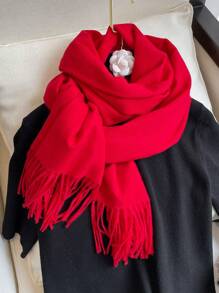 1 pieza Bufanda de mujer de un solo color de cachemir falso, cálida envuelta decorada con borlas, de longitud media para Navidad invierno