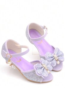 Children Princess High Heel Sandals Bowknot Sandals Purple Dress Shoes Glitter Girls Shoes