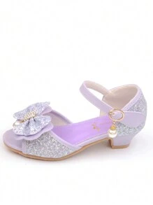 Children Princess High Heel Sandals Bowknot Sandals Purple Dress Shoes Glitter Girls Shoes
