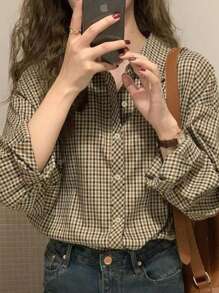 Camisa casual de mujer de manga larga a cuadros, de otoño, tops de manga larga