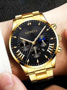 Conjunto de 4 piezas: Reloj de pulsera de cuarzo de puntero redondo de lujo para hombre, con collar, pulsera y anillo, conjunto de relojes para hombre