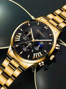 Conjunto de 4 piezas: Reloj de pulsera de cuarzo de puntero redondo de lujo para hombre, con collar, pulsera y anillo, conjunto de relojes para hombre