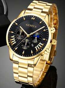 Conjunto de 4 piezas: Reloj de pulsera de cuarzo de puntero redondo de lujo para hombre, con collar, pulsera y anillo, conjunto de relojes para hombre