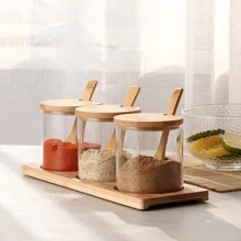 3pcs/Set Bamboo & Wood Spice Jar Set, Decorative Storage Glass Containers With Bamboo Lids, Spoons And Stands, For Home Kitchen Cafe To Store Salt, Sugar, Pepper And Other Spices