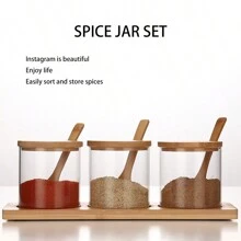 3pcs/Set Bamboo & Wood Spice Jar Set, Decorative Storage Glass Containers With Bamboo Lids, Spoons And Stands, For Home Kitchen Cafe To Store Salt, Sugar, Pepper And Other Spices