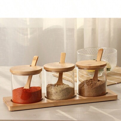 3pcs/Set Bamboo & Wood Spice Jar Set, Decorative Storage Glass Containers With Bamboo Lids, Spoons And Stands, For Home Kitchen Cafe To Store Salt, Sugar, Pepper And Other Spices