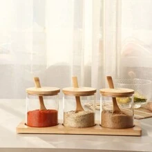 3pcs/Set Bamboo & Wood Spice Jar Set, Decorative Storage Glass Containers With Bamboo Lids, Spoons And Stands, For Home Kitchen Cafe To Store Salt, Sugar, Pepper And Other Spices