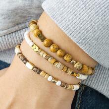 RINTOLER 3 件装复古创意宝石印花和绿松石珠几何多层弹性手链套装，独特设计 - 彩色 - 查看 6