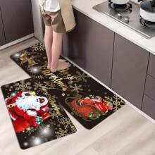1/2 Peças Conjunto de Tapetes de Cozinha de Natal - Design de Papai Noel Preto, Flocos de Neve e Cervo - Macios, Antiderrapantes, Resistentes a Manchas, Laváveis em Máquina e Tapetes de Poliéster Leves para Decoração de Casa - Perfeito para Quarto, Sala de Estar, Sala de Jantar, Banheiro e Entrada