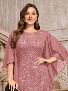 优雅蝴蝶袖雪纺花卉亮片蕾丝撞色网纱鱼尾下摆晚礼服，高贵典雅，适合正式舞会、婚礼宾客，也适合情人节、生日、毕业典礼、宴会、节日派对等场合。 - 藕粉色 - 查看 8