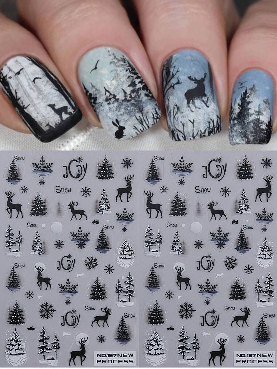 2 件装冬季风景美甲设计 DIY 圣诞美甲贴纸雪花圣诞树鹿 DIY 贴花自粘滑块美甲装饰美甲用品 - 黑與白 - 查看 1