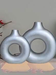 1pc Donut-Shaped Glass Flower Vase Decor, Handmade Minimalist Bohemian Style Modern Home Decoration, For Wedding Table, Party, Living Room, Office, Bedroom - Silver - View 3