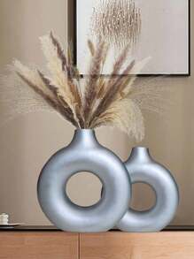 1pc Donut-Shaped Glass Flower Vase Decor, Handmade Minimalist Bohemian Style Modern Home Decoration, For Wedding Table, Party, Living Room, Office, Bedroom - Silver - View 2