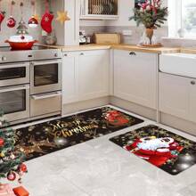 1/2 Peças Conjunto de Tapetes de Cozinha de Natal - Design de Papai Noel Preto, Flocos de Neve e Cervo - Macios, Antiderrapantes, Resistentes a Manchas, Laváveis em Máquina e Tapetes de Poliéster Leves para Decoração de Casa - Perfeito para Quarto, Sala de Estar, Sala de Jantar, Banheiro e Entrada