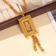 1pc Vintage Rose Pattern Oval Square Pendant Necklace Is Suitable For Ladies To Wear For Daily Holiday Parties Valentines,Mom,Mother,Mother's Day,Gift