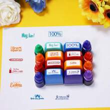 Set de 8 sellos de colores con 8 botellas de tinta de recambio en español, set multicolor, sellos para observaciones de maestros, enseñanza motivadora, conveniente para el aprendizaje en el aula, autoentelintados, con bandeja de almacenamiento, reutilizables, de vuelta a la escuela, útiles escolares - Conjuntos - Ver 1