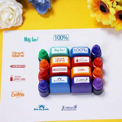 Set de 8 sellos de colores con 8 botellas de tinta de recambio en español, set multicolor, sellos para observaciones de maestros, enseñanza motivadora, conveniente para el aprendizaje en el aula, autoentelintados, con bandeja de almacenamiento, reutilizables, de vuelta a la escuela, útiles escolares