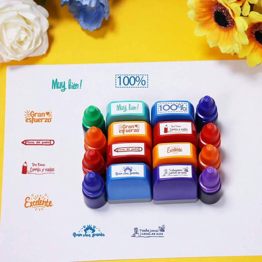 Set de 8 sellos de colores con 8 botellas de tinta de recambio en español, set multicolor, sellos para observaciones de maestros, enseñanza motivadora, conveniente para el aprendizaje en el aula, autoentelintados, con bandeja de almacenamiento, reutilizables, de vuelta a la escuela, útiles escolares - Conjuntos - Ver 1