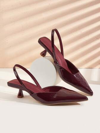 Women Solid Color Patent Leather Kitten Heel Shoes, Elegant Pointed Toe High Heels, Fashionable Ankle Strap High Heels, Formal Wear For Party Wedding