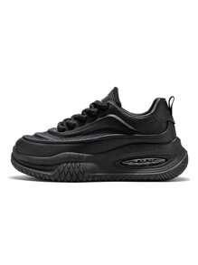 4-Season Outdoor Comfortable Casual Niche Bread Plus Size Men's Shoes, Color Block Air Cushion Low Top Thick Sole Chunky Sneakers - Black - View 4