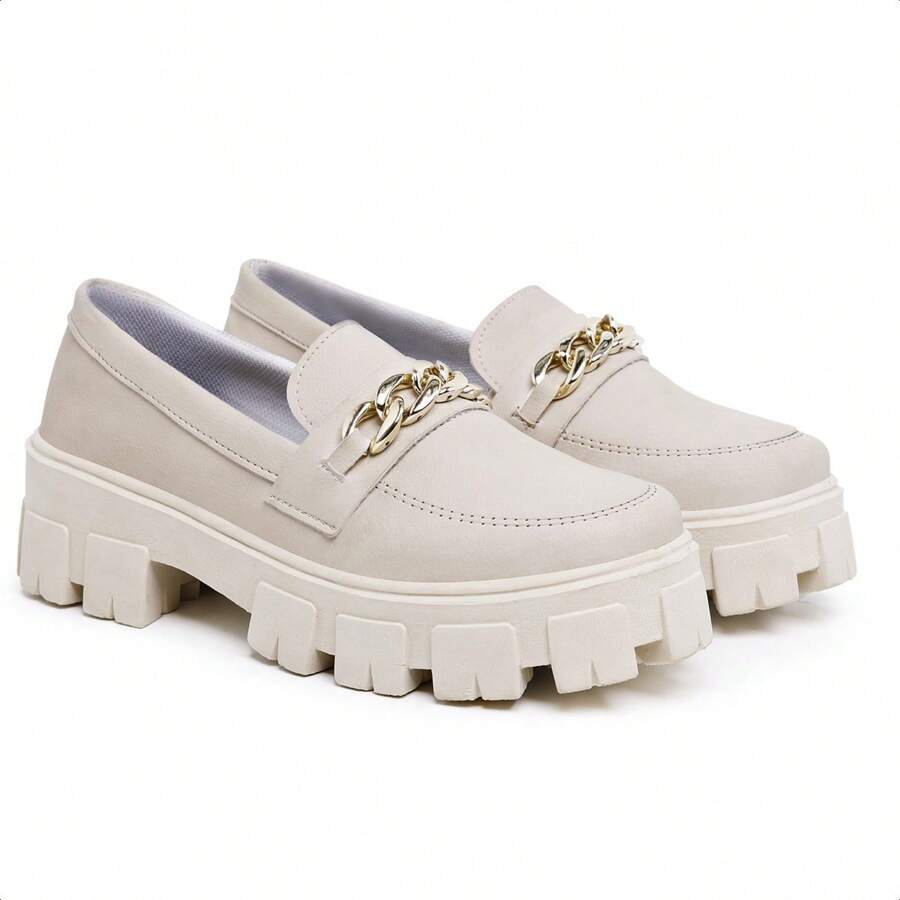Oxford Tractor Loafers With Chain Detail And Low Heel Platform - 白色 - 查看 1