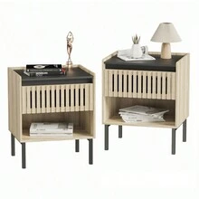 Bedside Table Set 2, 2024 Year - Natural+Black+MDF+Iron+Bedroom+1 Drawer+Bedside Cabinet as Pic - View 4