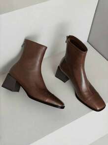 复古方头粗高跟弹力修身踝靴，棕色，拉链开合，2024 秋冬新款英伦风 - 棕色 - 查看 4