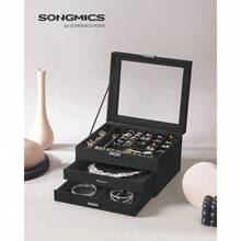 SONGMICS 3-Tier Jewelry Box, Travel Jewelry Case With Handle, 2 Drawers, Lockable Jewelry Organizer With Mirror, Jewelry Storage, Modern Style - 黑色 - 查看 10