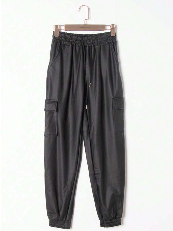 Calça cargo casual feminina de cintura alta e slim fit, versátil, com cordão na cintura, temporada de outono, 2024