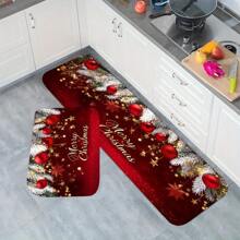 1/2pcs Christmas Kitchen Mat, Kitchen Entrance Rug, Upgraded Polyester Floor Mat, Holiday Season Pattern Printed Floor Mat, Bedside Rug, Non-Slip Laundry Room Floor Mat, Machine Washable Absorbent Door Mat, Suitable For Living Room And Laundry Room