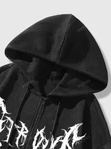 Chaqueta con cremallera tipo sudadera para mujer, estilo americano con estampado gráfico de texto en inglés cruzado, forro cálido, para otoño/invierno