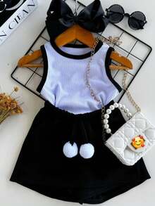 Children's Set Ribbed Tank Top And Shorts Skirt With Pompom On The Front Summer Foreign Fashion Launch - màu đen - Xem 4