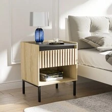 Bedside Table Set 2, 2024 Year - Natural+Black+MDF+Iron+Bedroom+1 Drawer+Bedside Cabinet as Pic - View 3