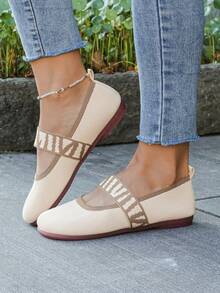 女士平底、低帮、针织、四季、软底、透气、圆头、双色、一脚蹬休闲鞋、户外妈妈鞋 - 杏色 - 查看 2