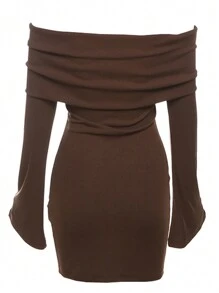 Off-Shoulder Ruched Body-Con Bell Sleeve Solid Color Mini Dress For Women - Coffee - View 3