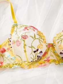 Style Dream 两件套女士花卉刺绣薄纱内衣套装，情人节性感贴身内衣，蜜月超薄文胸 - 黃色 - 查看 4