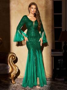UNITHORSE Deep V-Neck Mesh Patchwork Princess Sleeve Mermaid Glitter Sequin Dress