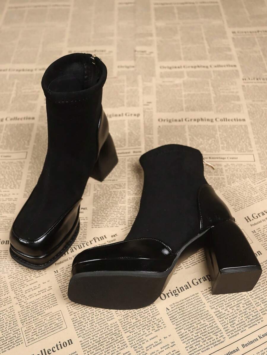 Fashionable And Elegant Square Toe Thick Heel Booties For Spring And Autumn, 2024 New Arrival,Party Outfits - Black - View 1
