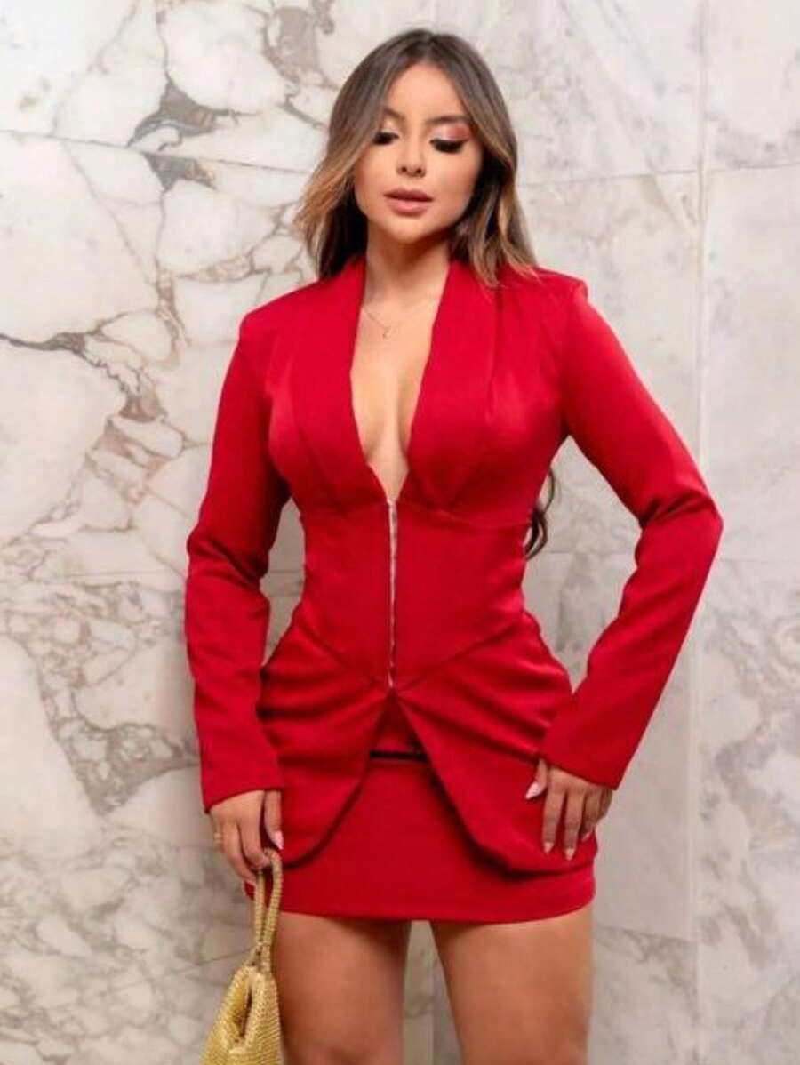 Tailored Set Blazer Long Sleeve With Zipper V-Neck With Short Tailored Skirt Social Media Modern Elegant Businesswoman Executive Beautiful Promotion - Đỏ - Xem 1