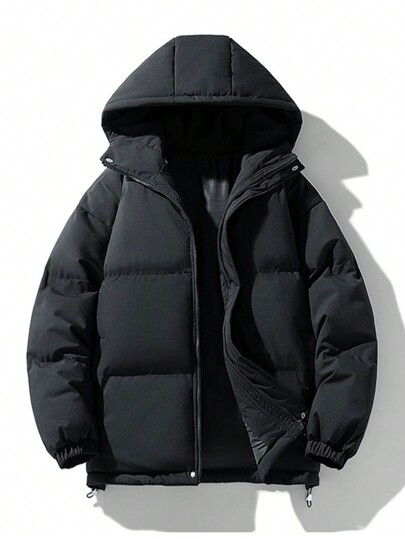 Men's Thick & Warm Hooded Jacket, Minimalist Solid Color Loose Casual All-Match Outwear, Winter