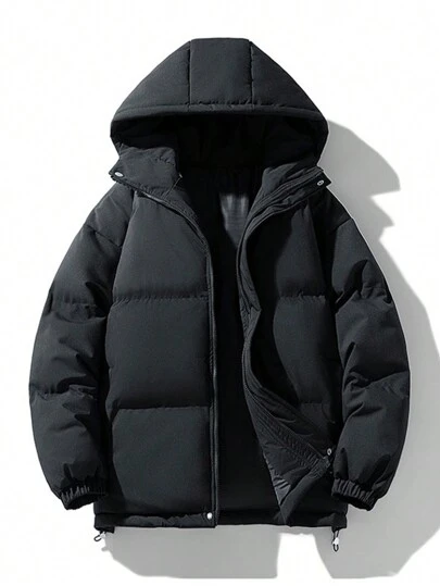 Men Plus Size Long Sleeve Thick & Warm Hooded Winter Coat, Minimalist Solid Color Loose Casual All-Match Outwear, Winter