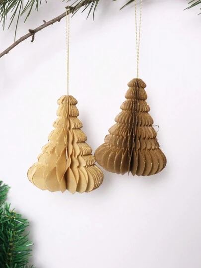 1set(2pcs) - Small Size Powder Edge Honeycomb Christmas Tree Shaped Pendant, Christmas Tree Decoration Pendant, Christmas Holiday Party Home Scene Decoration Ornament