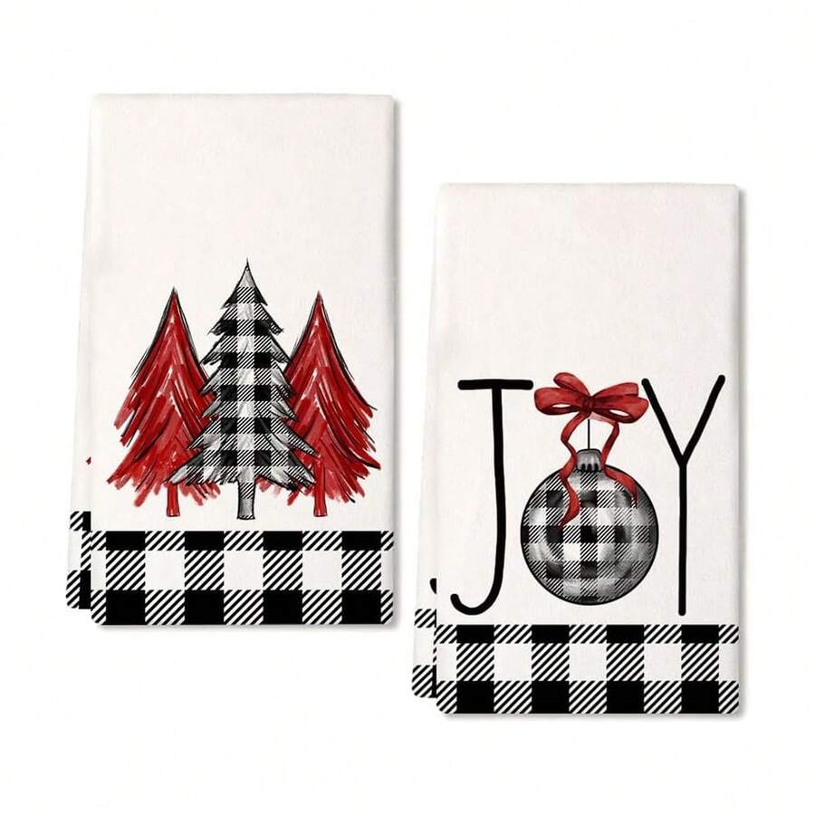2 件圣诞厨房毛巾 2 件套，黑色水牛格子圣诞树洗碗巾 18x26 英寸干燥洗碗布，农舍家居装饰 - 白色 - 查看 1