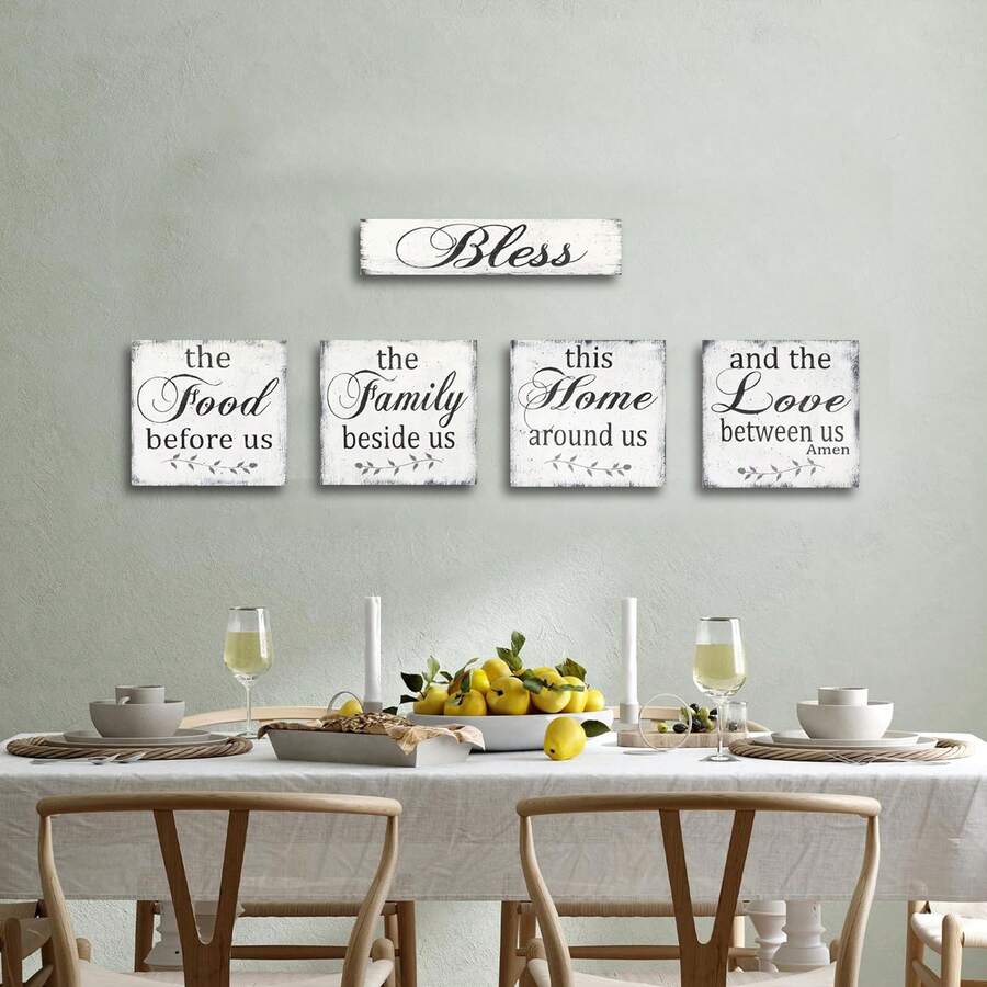 5 Pcs Rustic Kitchen Decor, Bless The Food Before Us, Wood Wall Hanging Decorations For Dining Room Kitchen, Rustic Country Vintage Kitchen Hanging Wood Signs, Christmas Gift For Home - White - View 1