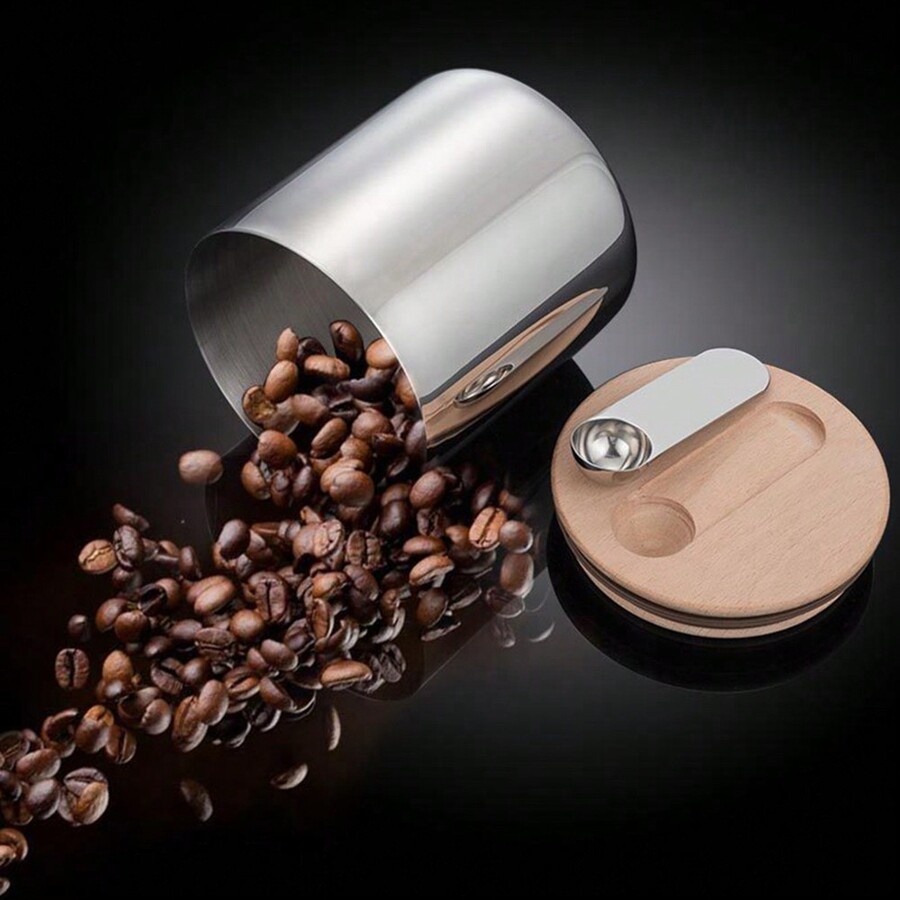 1500ml 304 Stainless Steel Airtight Food Canister With Spoon, Coffee