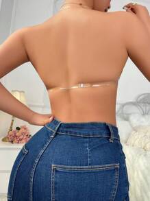 Sujetador reutilizable invisible de color negro para mujer, con copa triangular push-up de unicolor, sin espalda y sin tirantes, con cubiertas de silicona para pezones, accesorio sexy de lencería con tirantes transparentes y extraíbles, ropa interior sin costuras de color nude con botón delantero, para fiestas, bodas, vestidos o uso diario