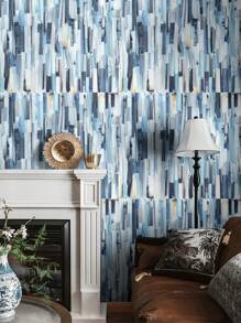 1卷蓝白几何油画风格壁纸现代条纹接触纸自粘可移除防水壁纸适用于橱柜搭接装饰人字形壁纸抽屉儿童，翻新贴纸剥离墙板，墙纸，壁纸，春季装饰物品刷新你的家，拉玛装饰贴纸 - 藍色 - 查看 7