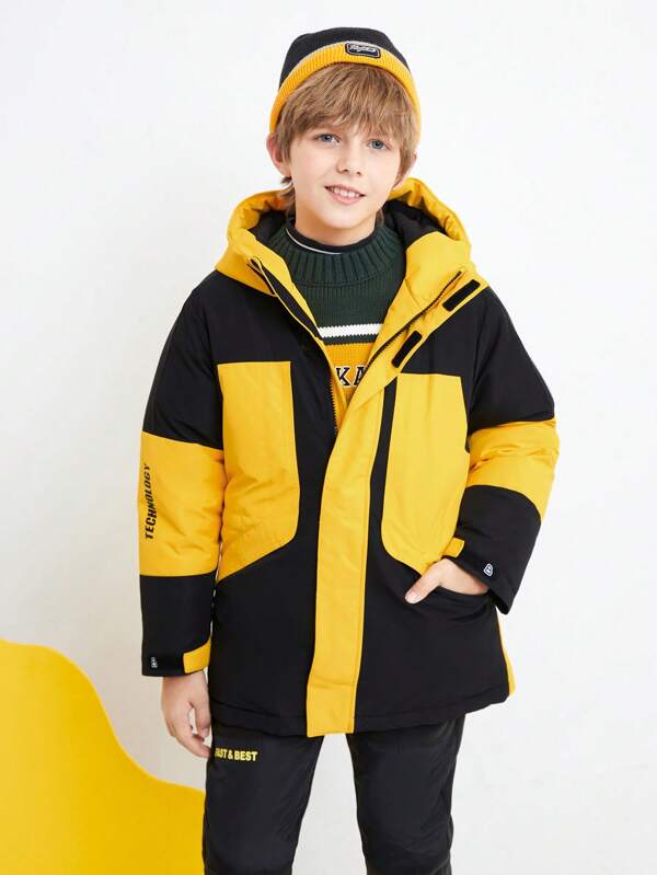 Balabala Boys' Winter Down Jacket Mid-Length Hooded Big Teen Boy Cool Fashion Windproof